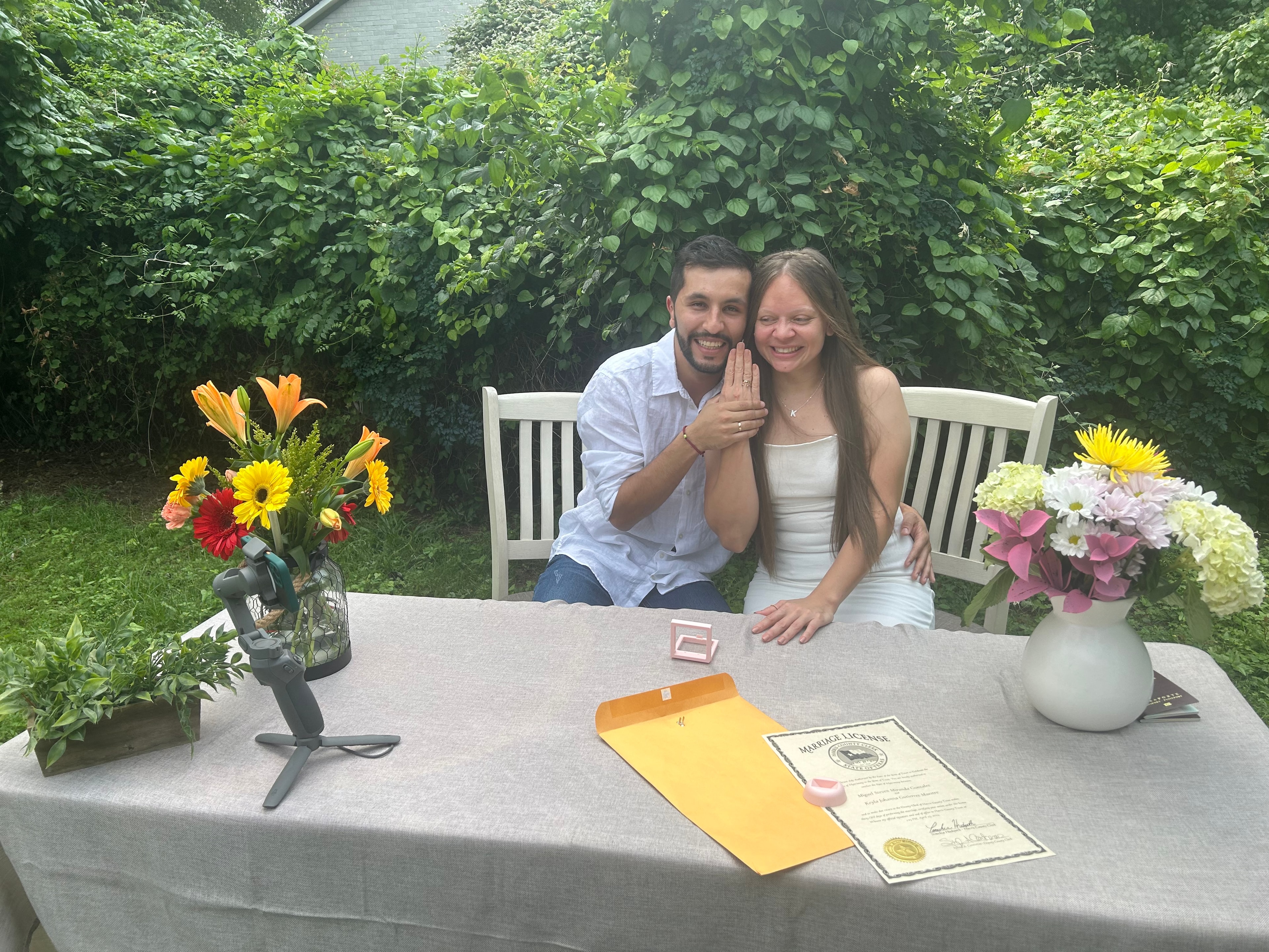 Outdoor wedding ceremony in Houston officiated by Apostille Ease bilingual officiant
